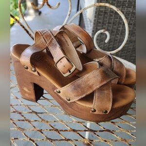 Bed Stu Brown Leather Platform Clogs